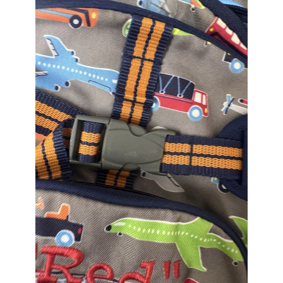 Pottery Barn Kids Backpack Airplane Bus Truck Print Gray Blue 13x14x6 Preschool - Picture 7 of 11